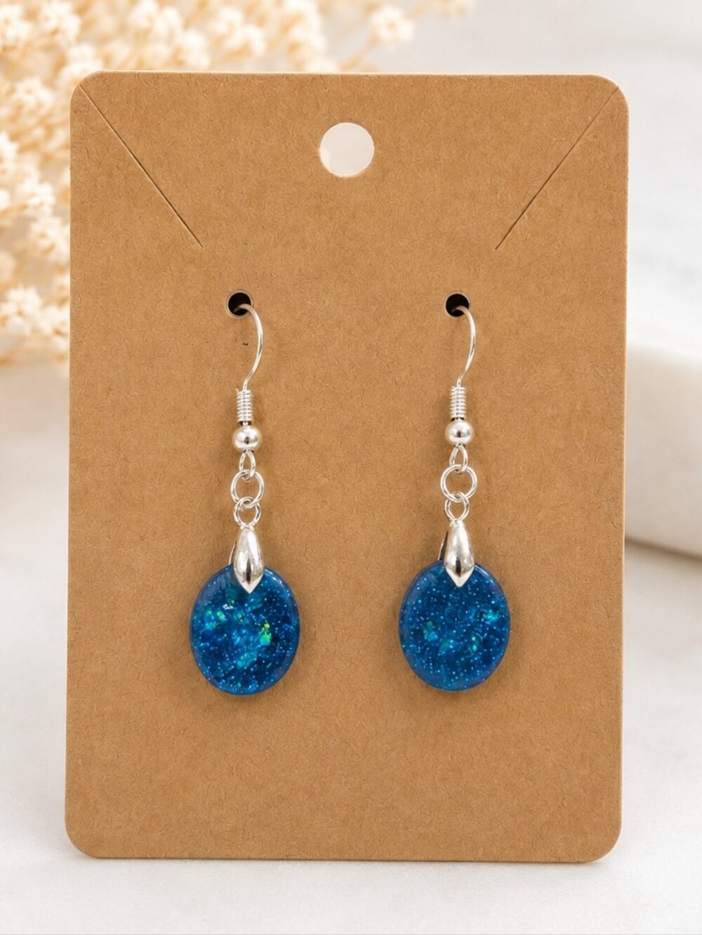 Handmade Blue Glitter Resin Dangle Earrings Silver Fish Hook Drop Earrings NEW